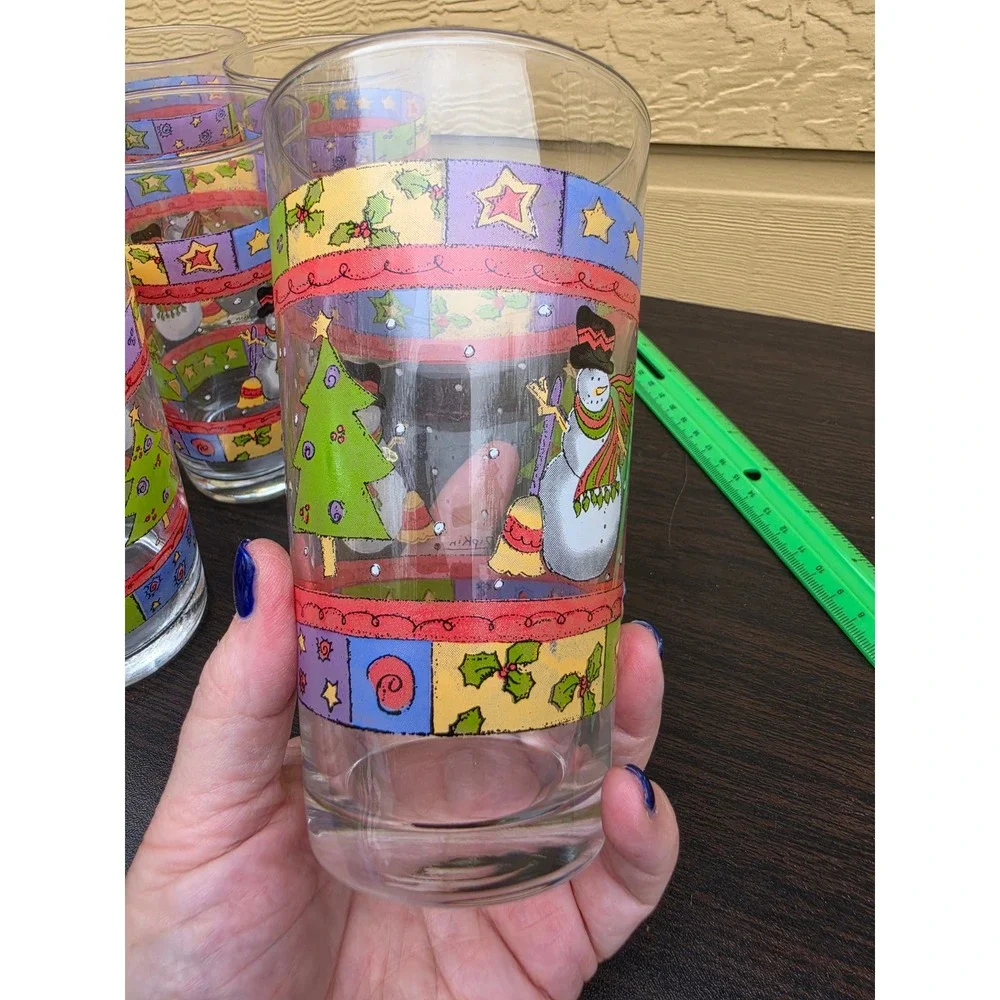 Sue Zipkin Snowman Christmas‎ Glass Tumblers Set of 12 Holiday Drinking Glasses